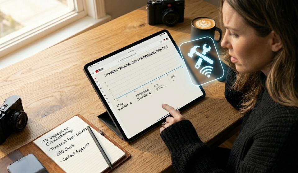 A creator looking at a flatline 0 impressions graph in YouTube studio, with a repair toolkit icon on the side.